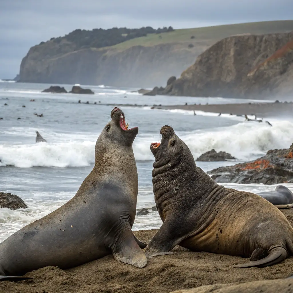 Elephant seals engaged in breeding season activities at Piedras Blancas Elephant Seal Rookery with rugged coastal background