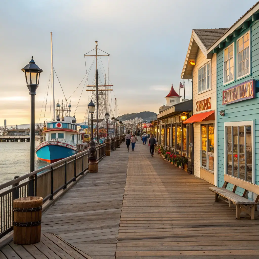 Panoramic view of the Embarcadero featuring colorful waterfront shops, wooden boardwalk, fishing boats in the distance, illuminated by soft natural light.