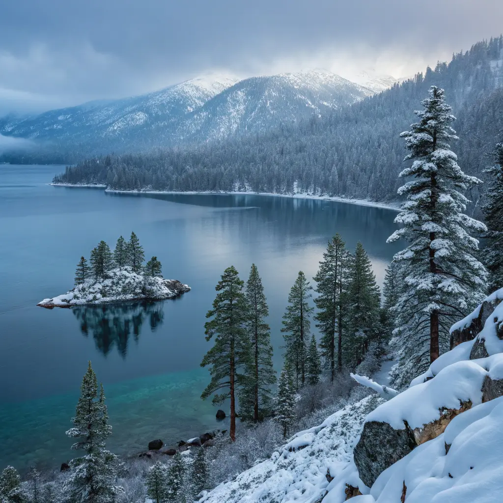 Snow-covered Emerald Bay with evergreen trees, frozen lake, and reflected mountains
