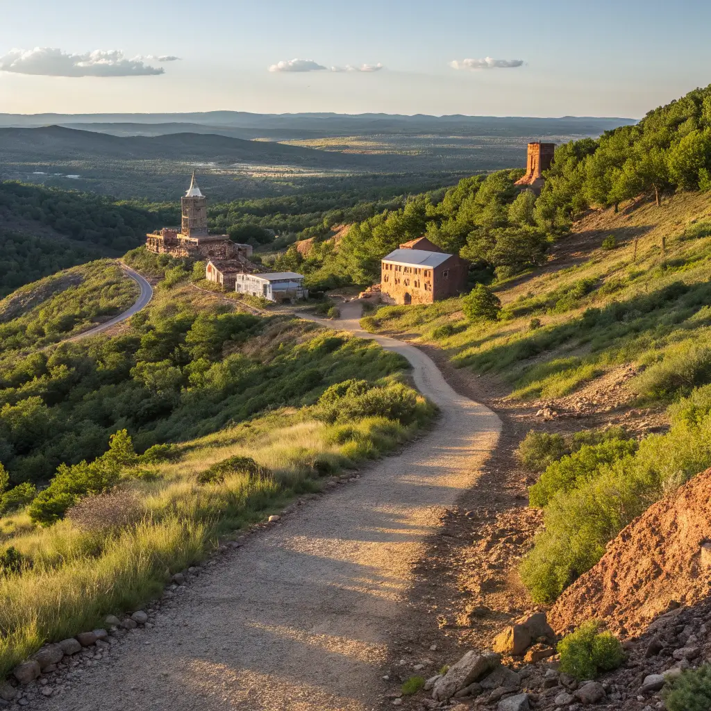 17 Jaw-Dropping Free Adventures in Grass Valley That Will Blow Your Mind Sweeping landscape view of Empire Mine State Historic Park with hiking trails, restored mining buildings, and lush greenery in afternoon light