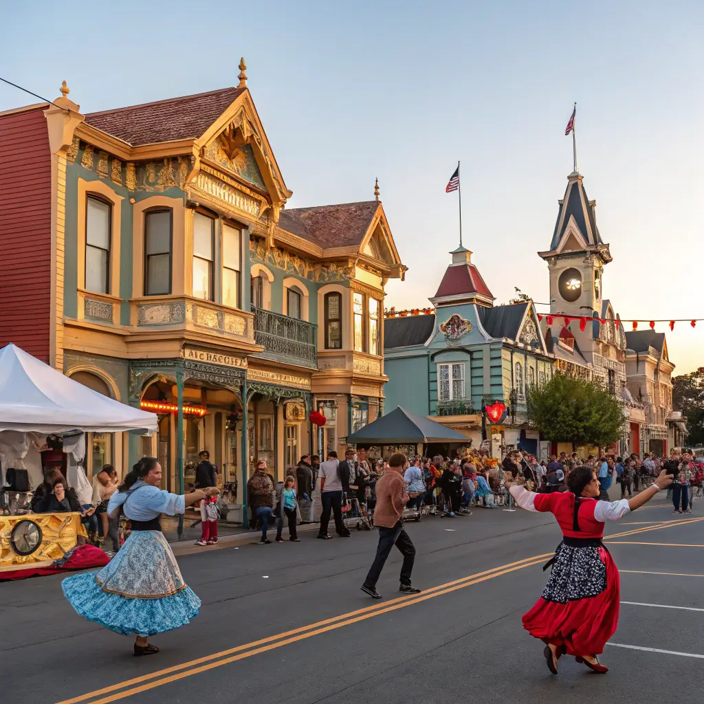 Locals enjoying a street festival in downtown Eureka with performers, dancing, and Victorian architecture, under the warm, golden hour lighting