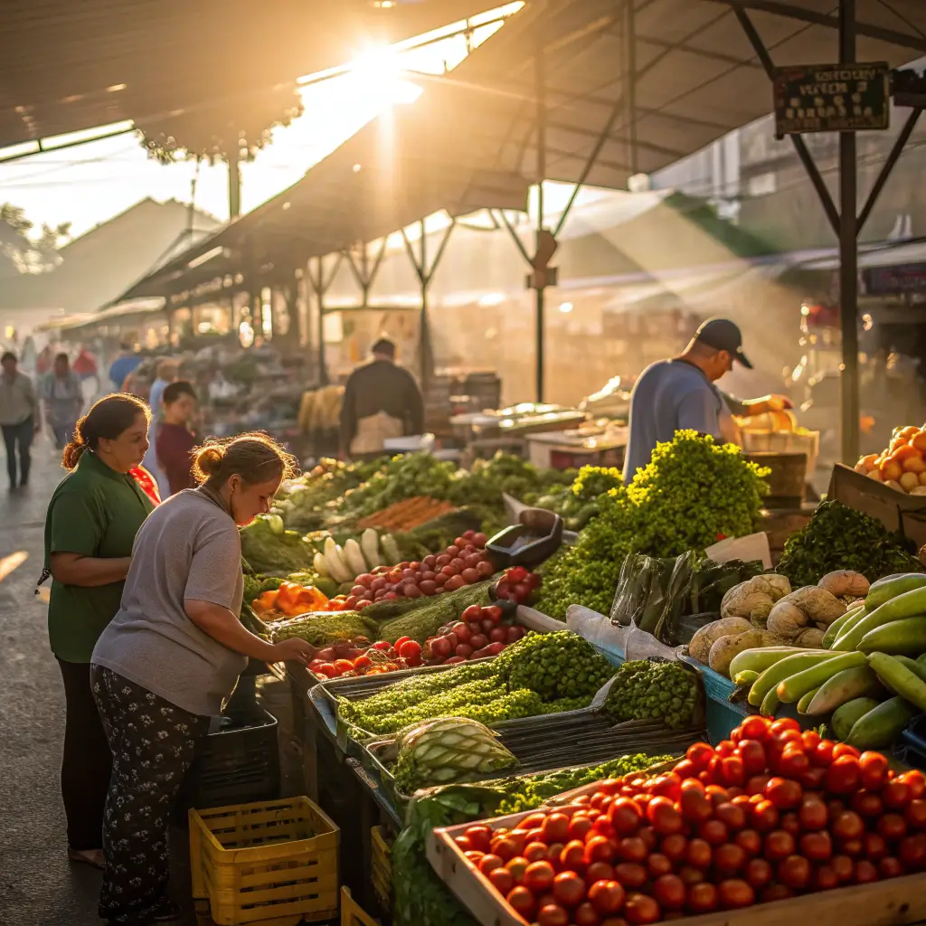 Vibrant farmers market scene with diverse local produce illuminated by sunlight, people interacting, emphasizing cultural diversity and local agriculture