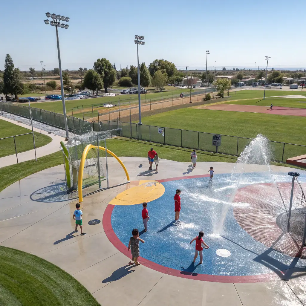 Children playing on a vibrant splash pad at Figarden Loop Park, surrounded by green baseball fields under bright California summer sky