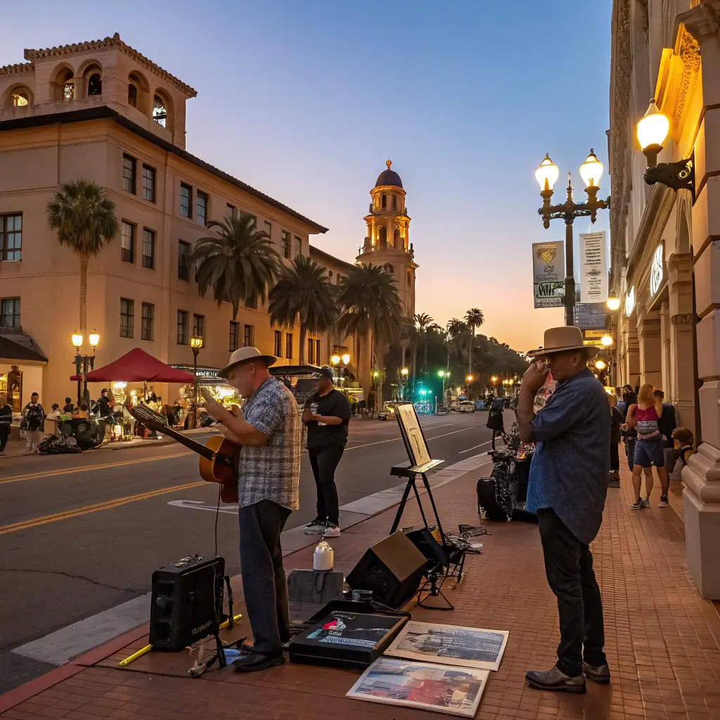 Street performers and artists at a vibrant First Thursday Art Walk during dusk, with historic Spanish-style architecture in the background