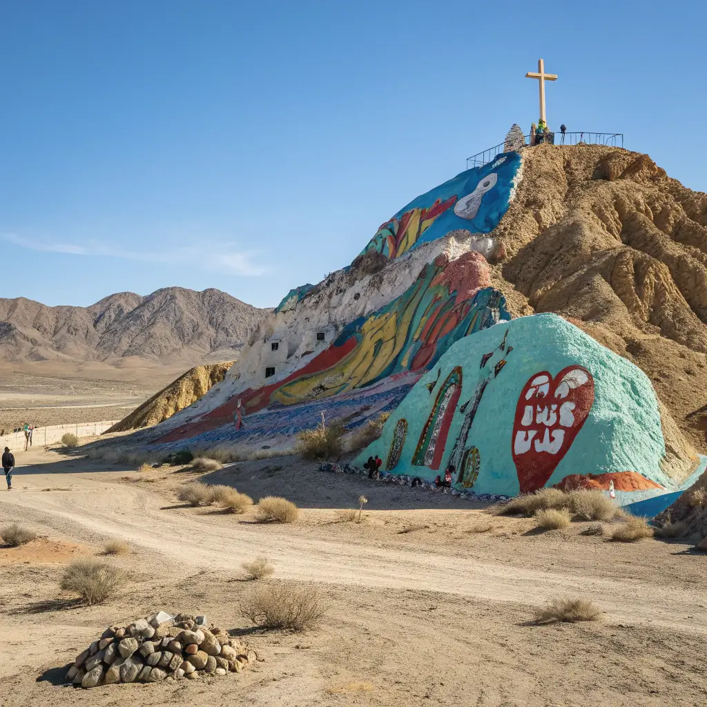 Folk art mountain with vibrant colors and biblical scenes in a stark desert landscape under a brilliant blue sky