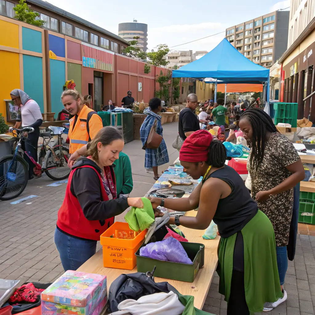 Diverse community members exchanging, trading items at a lively open-air Freecycle marketplace highlighting local sharing economy