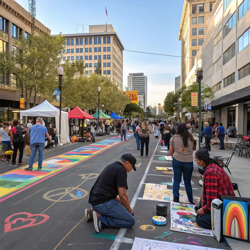 Colorful First Friday Art Hop in Downtown Fresno with local artists, street performers, and community members