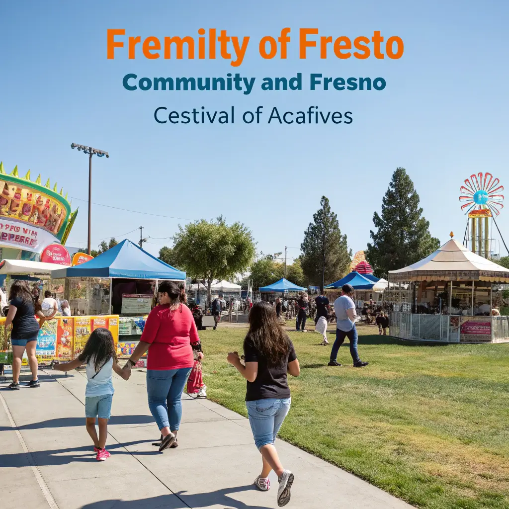 Sunny communal festival in Fresno showcasing diverse cultural performances, food stalls, locals interacting, families enjoying free activities representing an inclusive and welcoming atmosphere