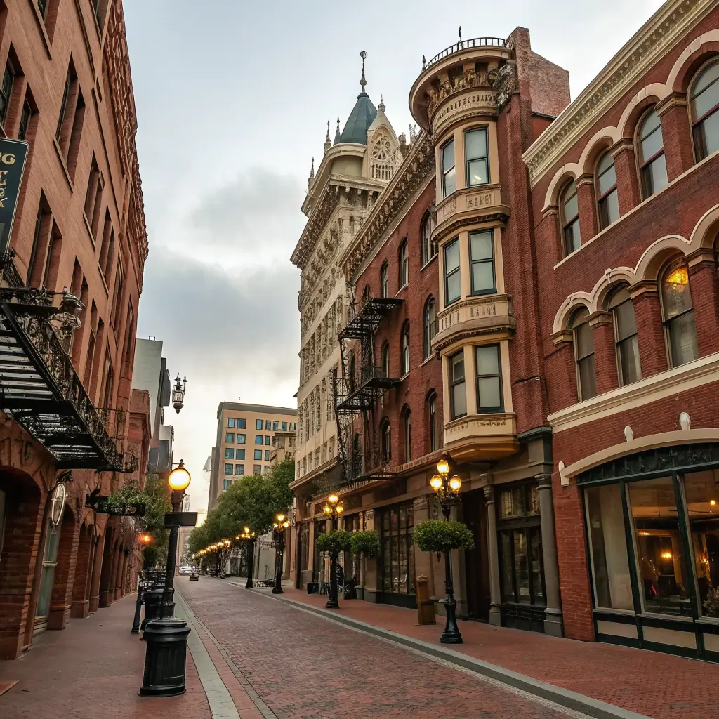 Victorian-era architecture in Gaslamp Quarter featuring historic brick buildings, narrow streets and richly textured facades under soft natural light