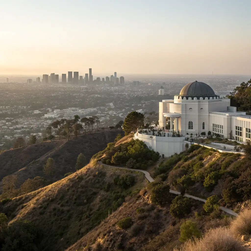 Getty Museum's white architecture on hillside at sunset with Los Angeles skyline in the background