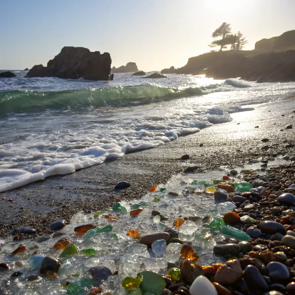 Multicolored sea glass fragments on Glass Beach in Fort Bragg at low tide, sparkling in soft sunlight