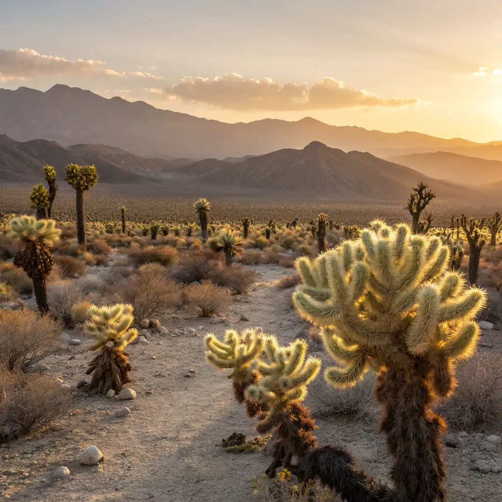 Sunset at the Cholla Cactus Garden illuminating clusters of 'teddy bear' cacti with silhouette of distant mountains in the background