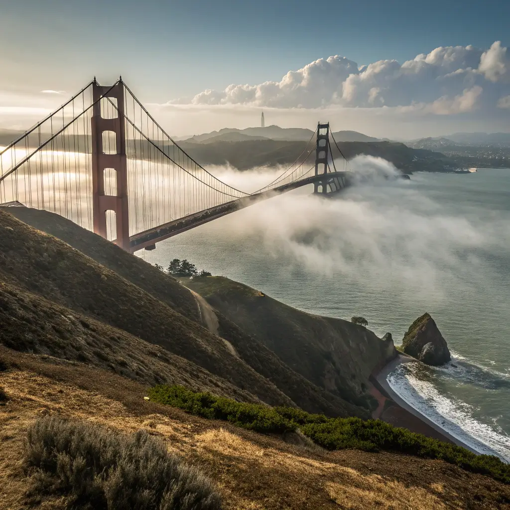 Foggy panoramic morning view of Golden Gate Bridge from Battery Spencer viewpoint with Marin Headlands landscape and rugged coastal terrain in foreground