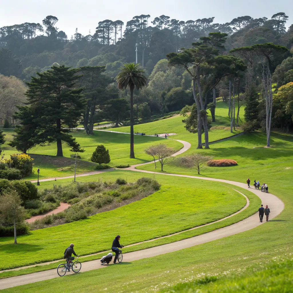 Panoramic view of Golden Gate Park featuring lush landscapes, winding paths, diverse trees and people walking and cycling, with natural lighting enhancing the greenery