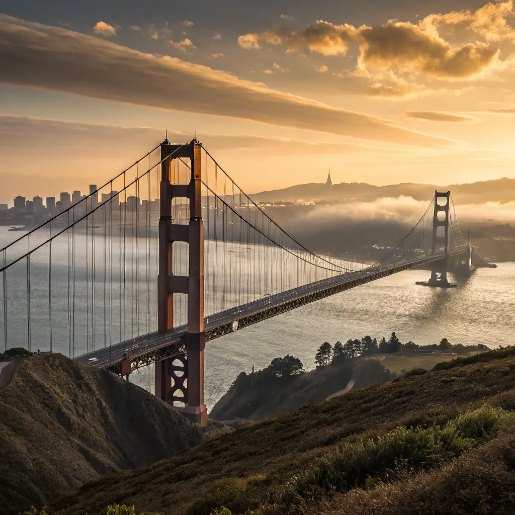 Golden Gate Bridge at sunset with San Francisco skyline in the background and low fog over the bay