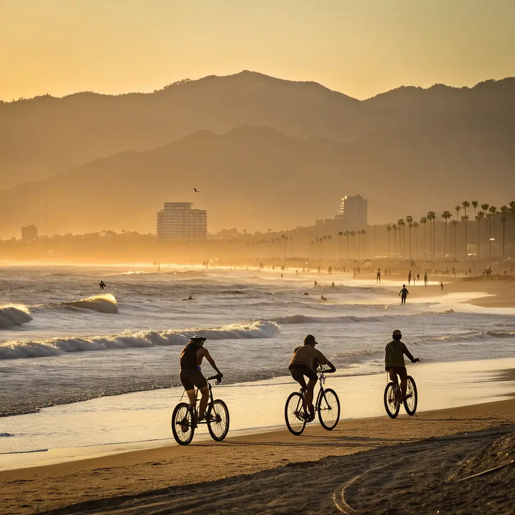 Silhouetted cyclists at Venice Beach during golden hour with soft waves and distant Los Angeles skyline