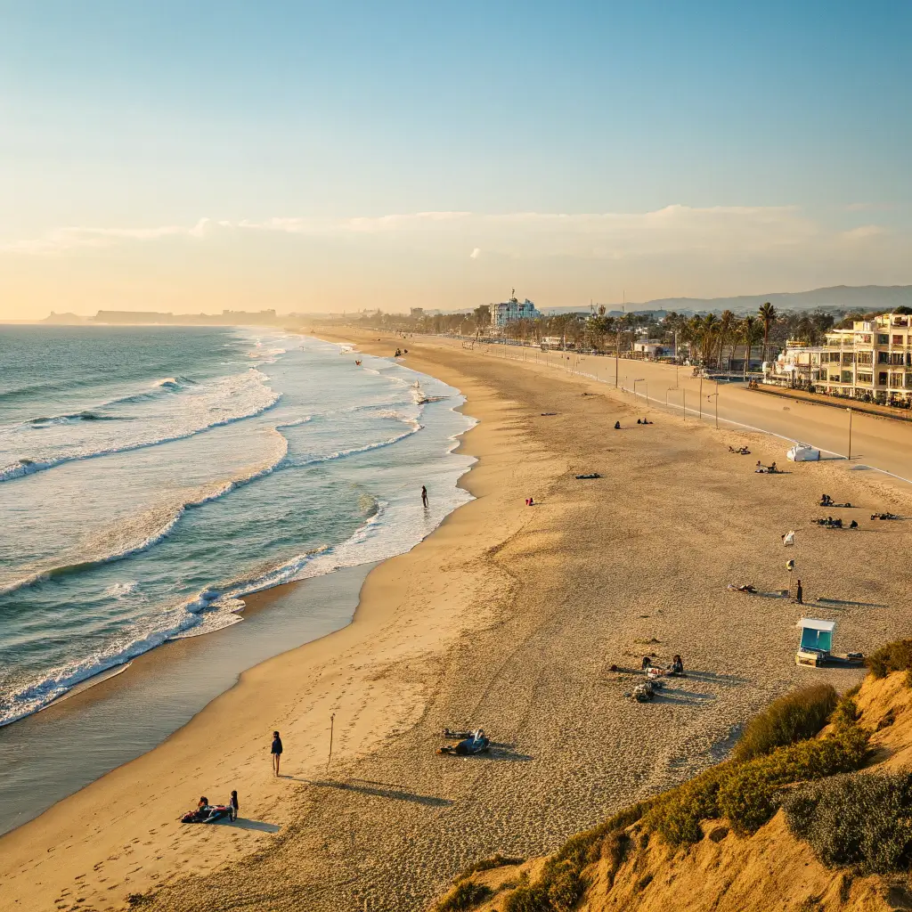 Overhead view of Junipero Beach with golden sand, Pacific waves, clear sky, relaxed people, and no buildings
