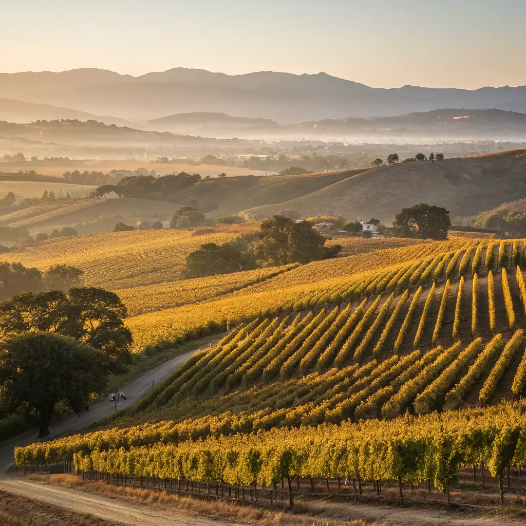 12 Jaw-Dropping Free Adventures in Calistoga That Will Blow Your Mind (Without Blowing Your Budget) Golden sunlit vineyard rows in Napa Valley with distant mountains and long morning shadows