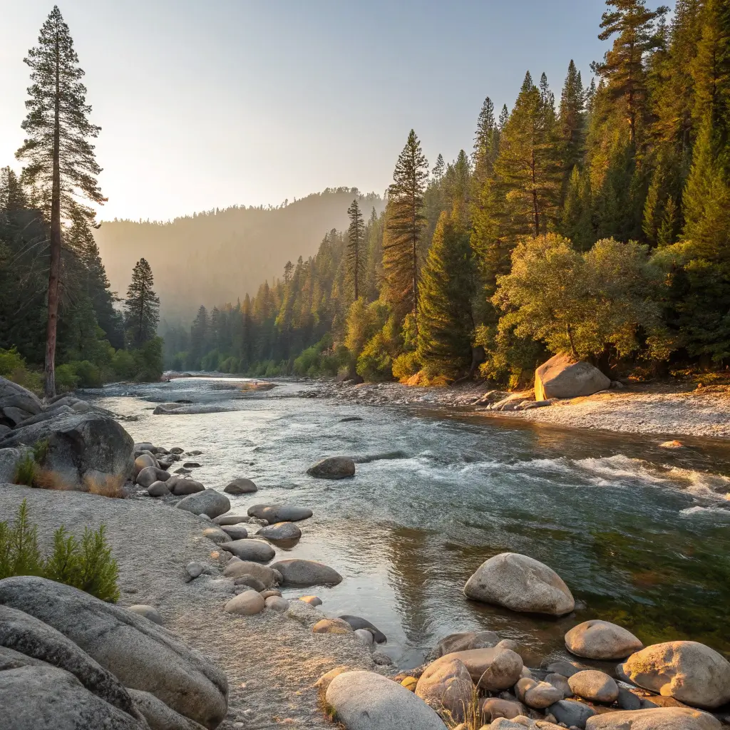 Scenic Yuba River beach with golden afternoon sunlight illuminating smooth river stones and clear flowing water, pine trees in the background, in a wilderness environment with soft natural colors