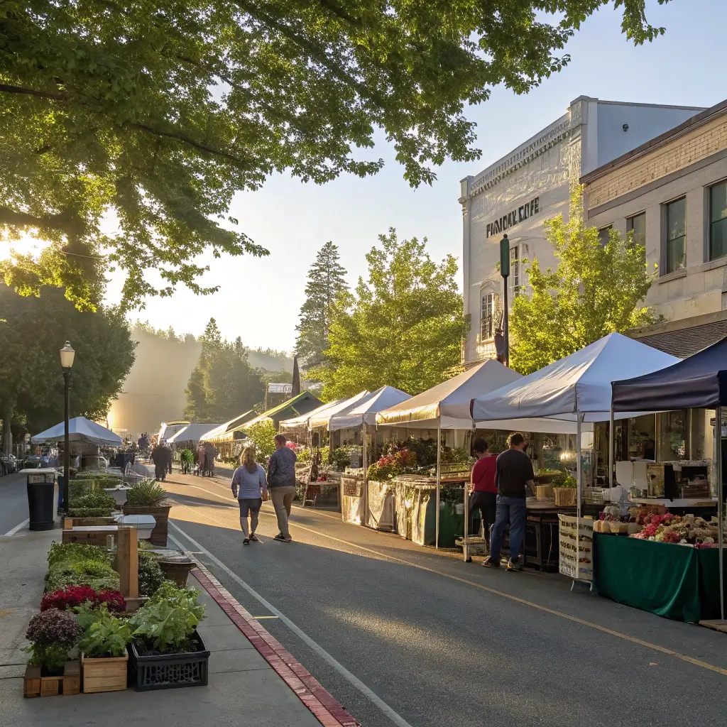 17 Jaw-Dropping Free Adventures in Grass Valley That Will Blow Your Mind Bustling downtown Grass Valley farmers market with vendor stalls, fresh produce, artisan crafts under natural morning light showing community atmosphere