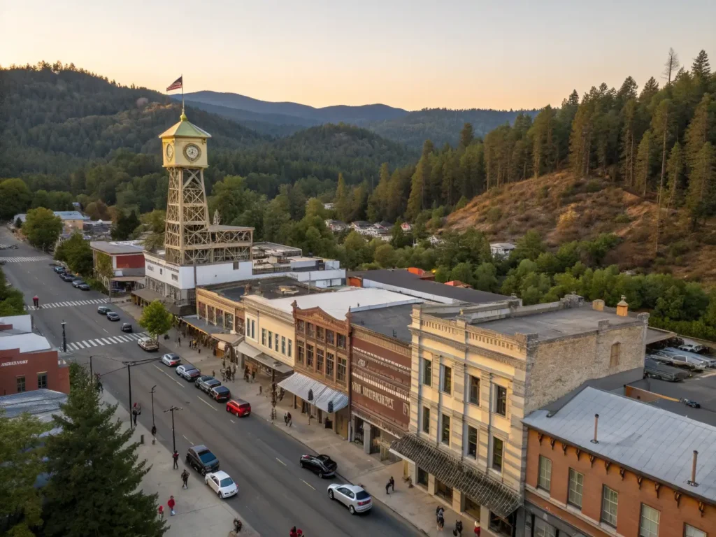 "Aerial view of Grass Valley during golden hour showing Victorian buildings, Empire Mine's headframe, South Yuba River and iconic clock tower in hyperrealistic 4K quality"