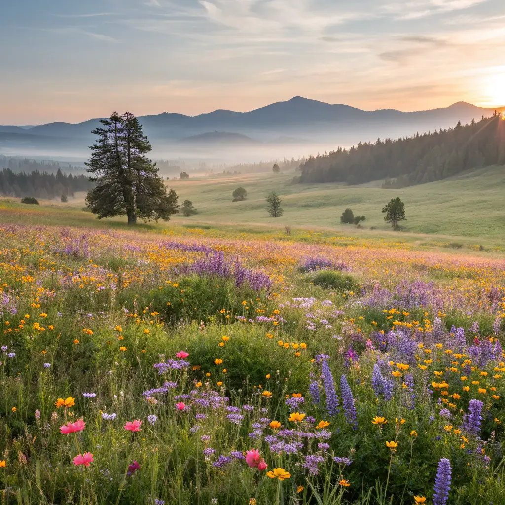 17 Jaw-Dropping Free Adventures in Grass Valley That Will Blow Your Mind Spring wildflower meadow in Grass Valley with colorful flowers and distant mountain silhouettes in soft morning light