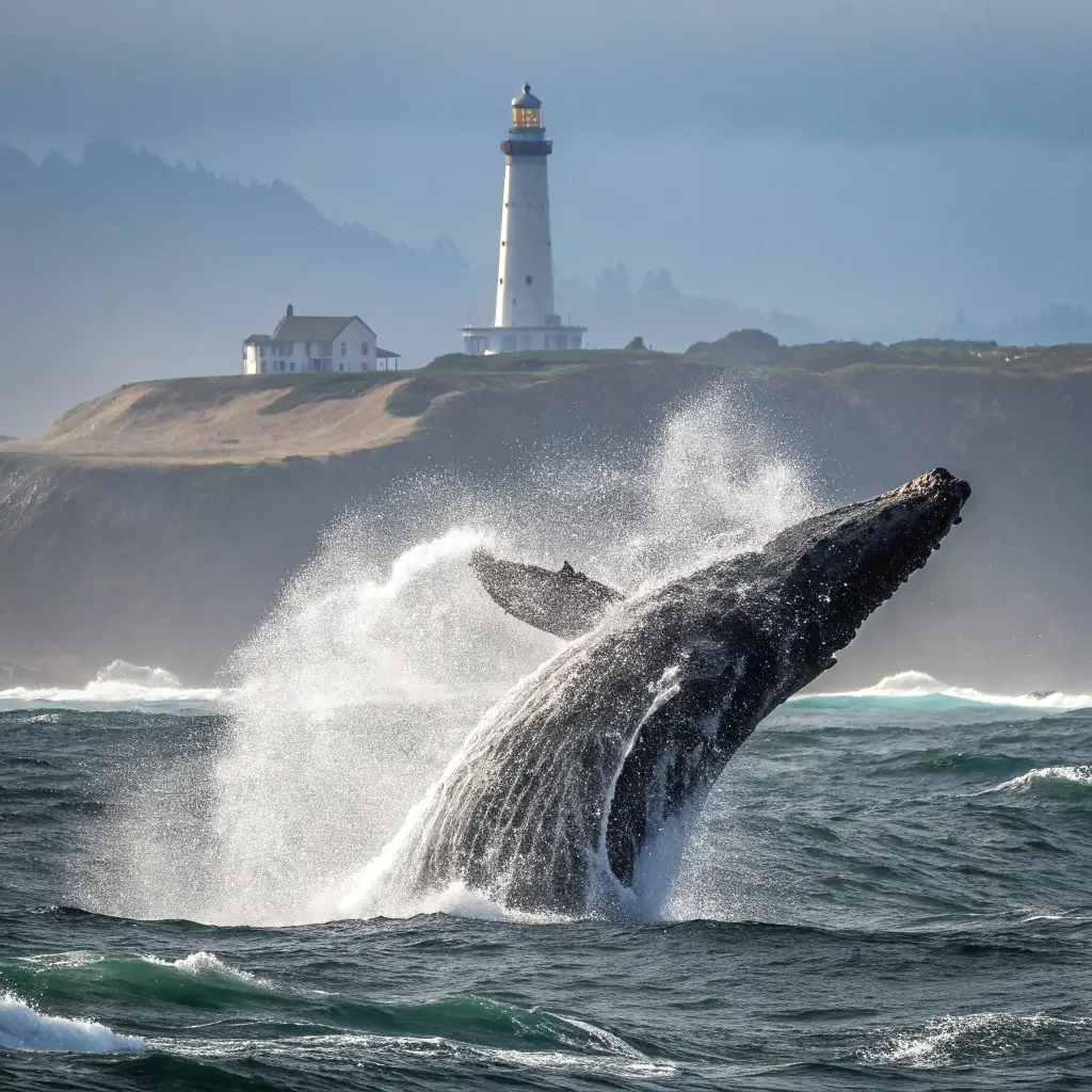 Gray whale breaching near Point Arena Lighthouse with ocean spray mist and lighthouse silhouette in the background