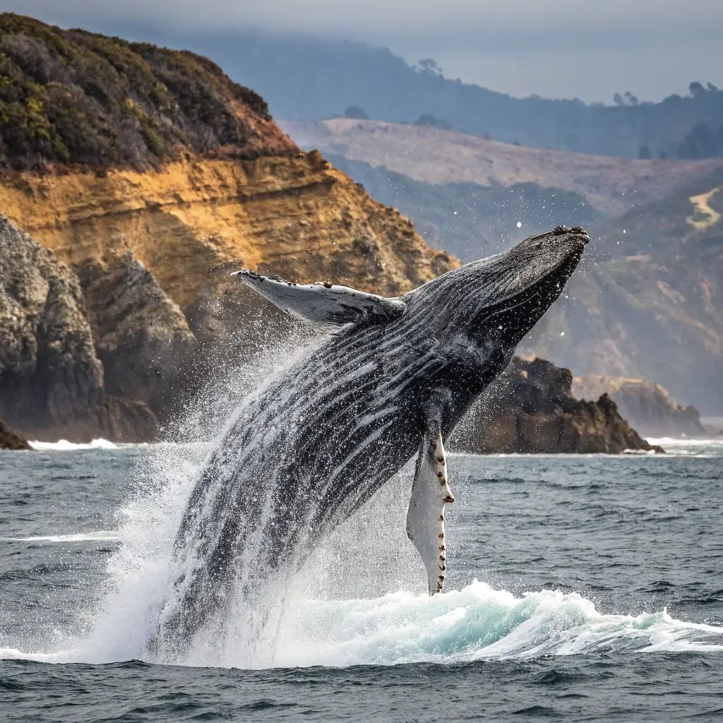 Gray whale breaching near Point Dume's rocky coastline, cliffs and splashing water in the background