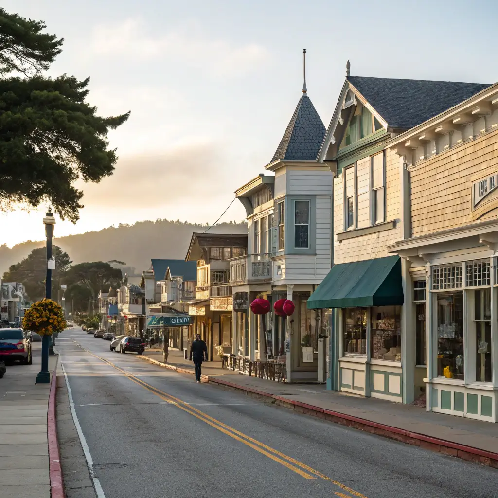 Main Street in Half Moon Bay showcasing historic Victorian architecture, charming storefronts under soft natural lighting