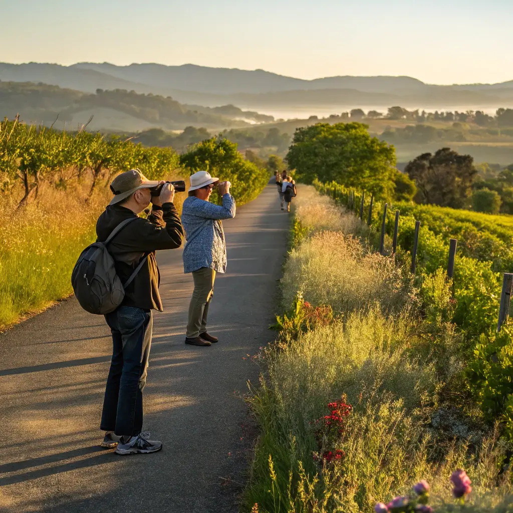 Birdwatching tourists with binoculars on a scenic trail in Healdsburg showcasing a lush green landscape, wildflowers along the path under morning sunlight with wine country hills in the background