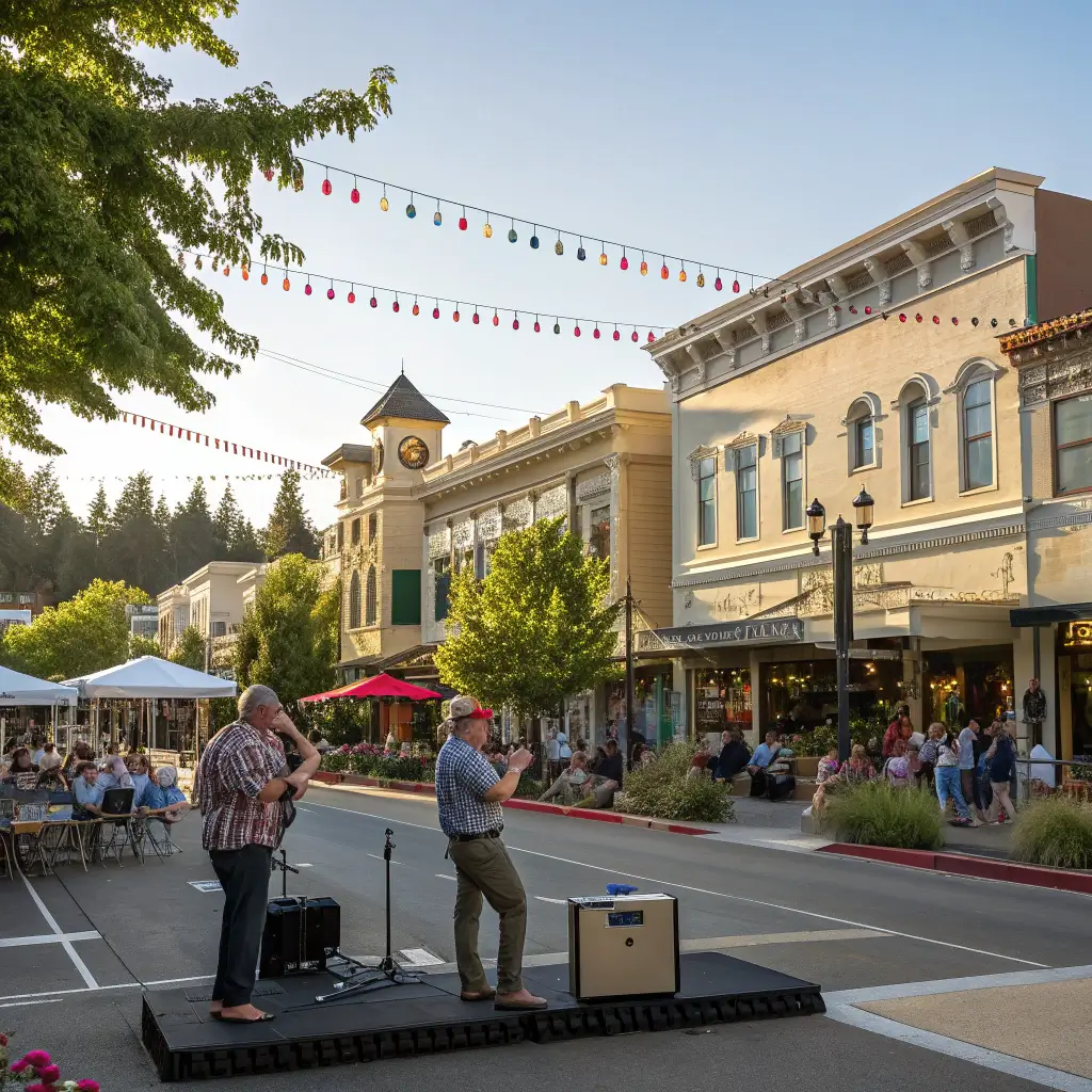 Sunny afternoon at Healdsburg Plaza showing historic buildings, local musicians performing, people strolling, and colorful storefronts illustrating a vibrant community atmosphere