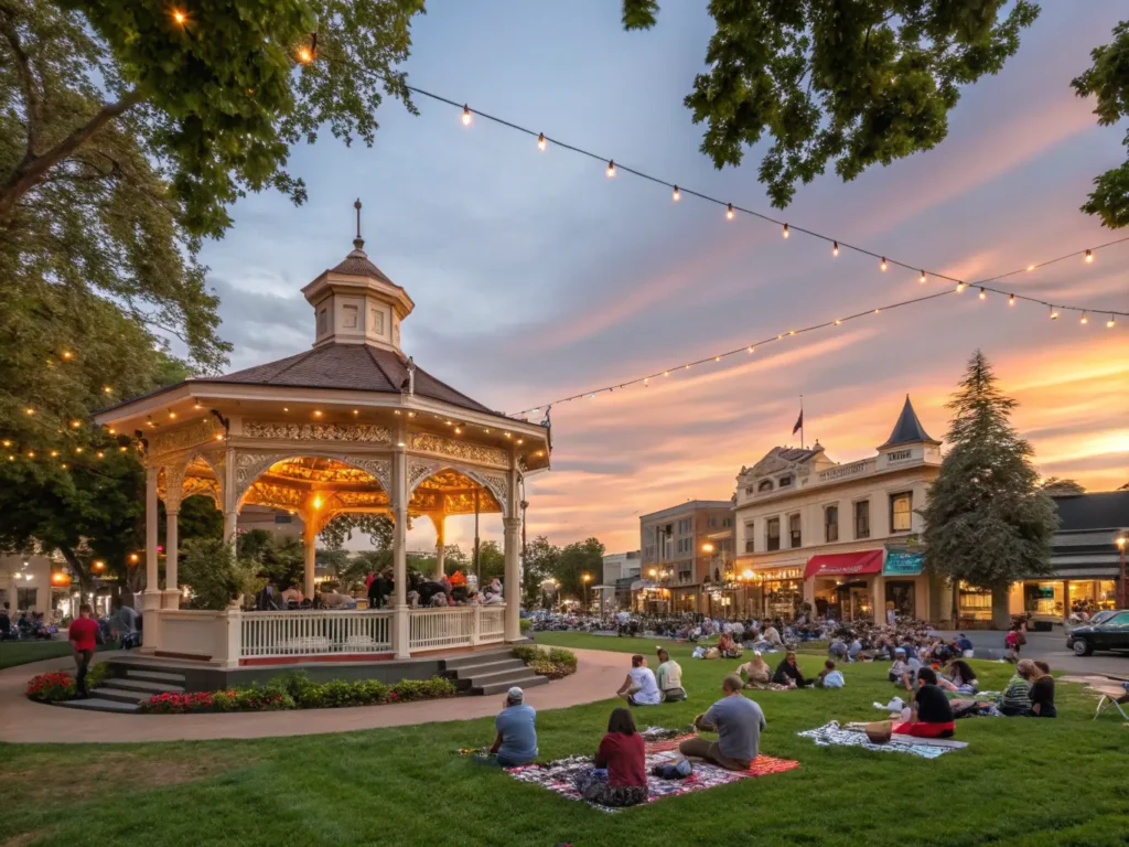 "Panoramic view of Healdsburg Plaza at sunset with historic gazebo, Victorian buildings, performing musicians, picnicking locals, street performers, and boutique storefronts lit by twinkle lights and the golden California sun."