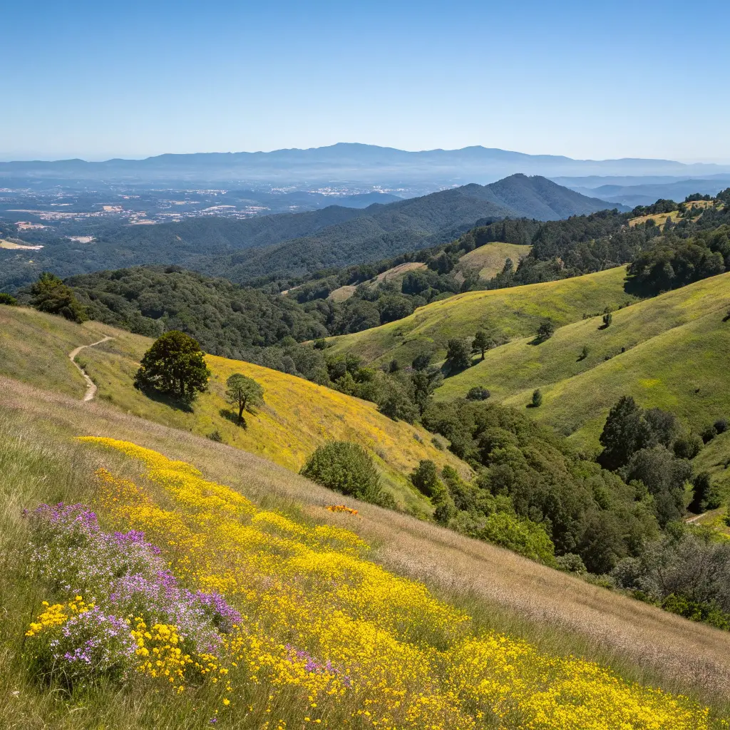 Panoramic view of Healdsburg Ridge Open Space Preserve with rolling hills of wildflowers, distant mountain ranges and clear blue sky