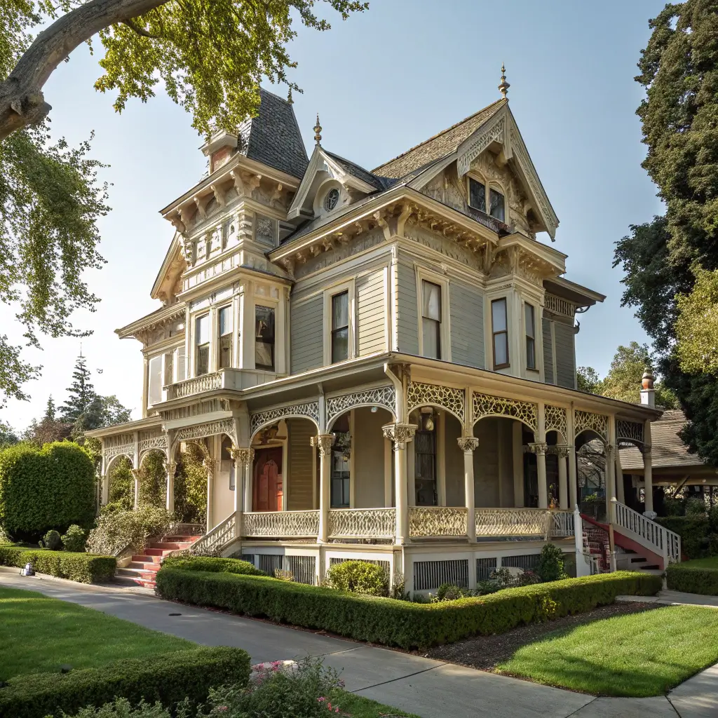 Elegant Victorian home in Healdsburg with intricate wooden trim, wraparound porch, and well-kept garden reflecting town's historic architecture