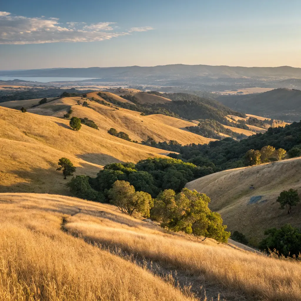 Free Things To Do in Petaluma: Your Ultimate Zero-Cost Adventure Guide! Panoramic view of Helen Putnam Regional Park with its rolling grasslands, distant hills, and ridge-top trails under afternoon sunlight, devoid of any human presence