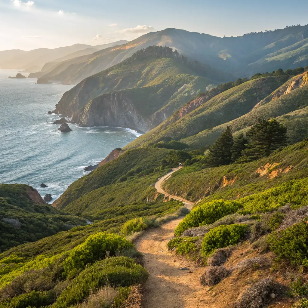 Hidden Paradise: 17 Mind-Blowing Free Adventures in Avalon You Can't Miss Panoramic view of Hermit Gulch Trail Loop with rugged terrain, ocean backdrop, golden sunlight on wild vegetation, and steep hiking trail