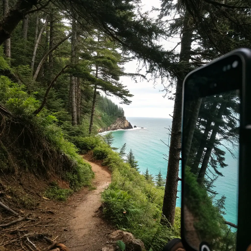Smartphone view of a secluded trail through Partington Cove's dense forest, turquoise ocean peeking through trees