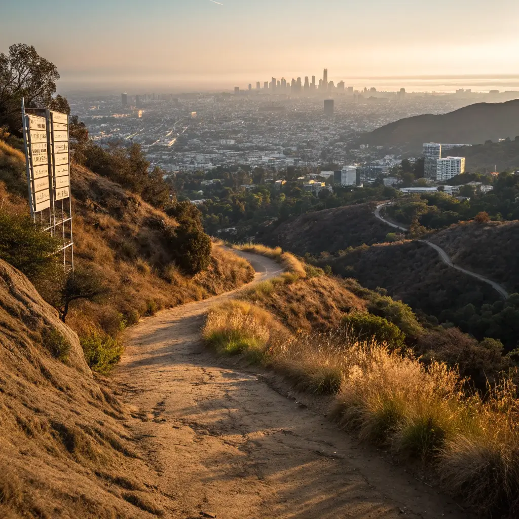 Dramatic hiking trail in Griffith Park with Hollywood Sign in distance, expansive Los Angeles cityscape and golden hour lighting illuminating rugged trail and native California landscape