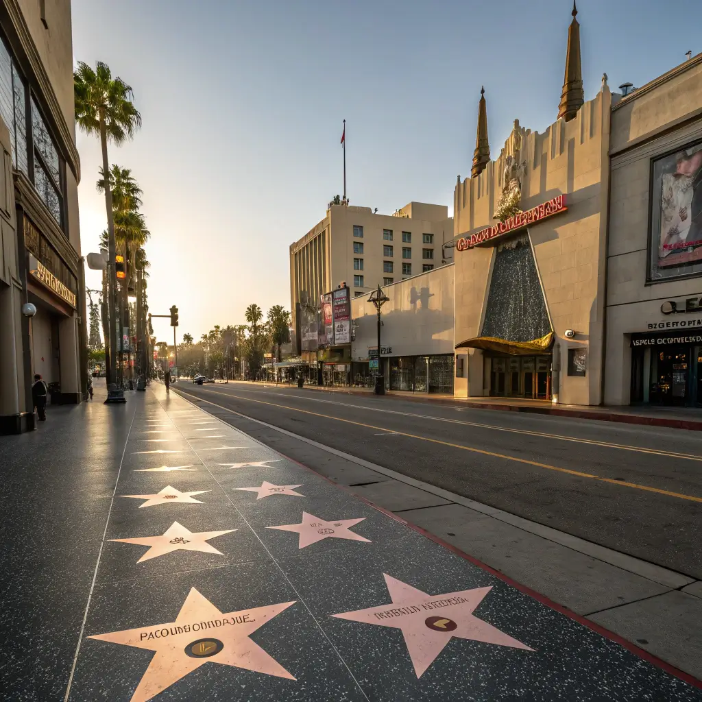 Hollywood Walk of Fame viewed from a wide-angle lens, showing sidewalk stars, TCL Chinese Theatre in the background, and long shadows from the early morning light.