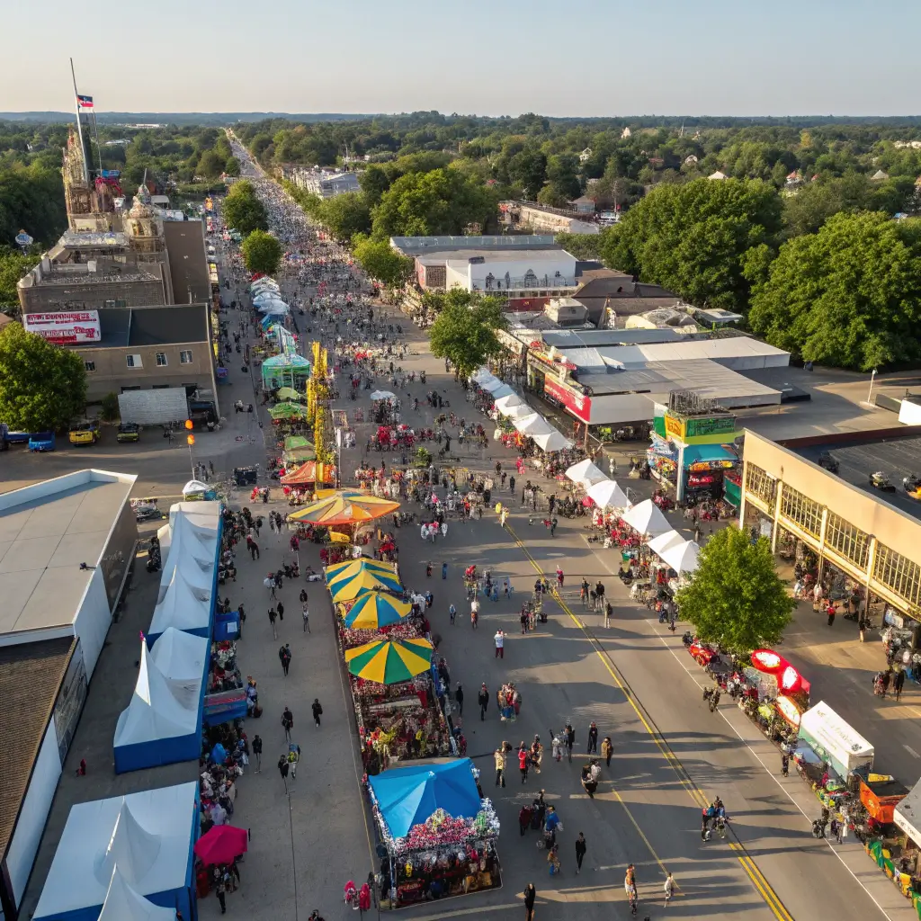 Aerial view of crowded Hometown Fair with colorful carnival games and festive decorations on a sunny community street
