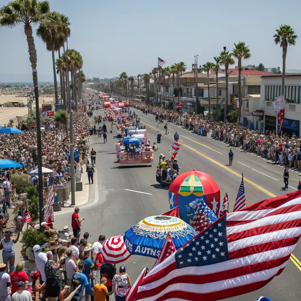 Panoramic view of the 4th of July Parade in Huntington Beach, crowded with flag-waving spectators, colorful floats, and marching participants on a sunny day, creating a vibrant atmosphere