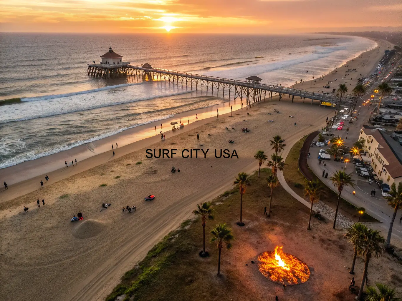 Surfers riding waves at golden hour with Huntington Beach Pier extending into the ocean under a dramatic sky