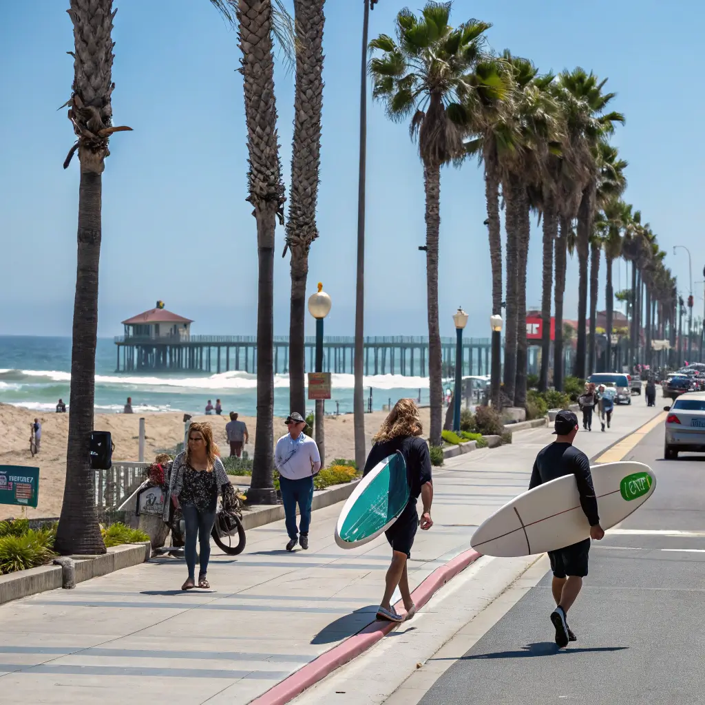 Surfers carrying boards and pedestrians in Downtown Huntington Beach, showcasing vibrant Southern California street life with palm trees