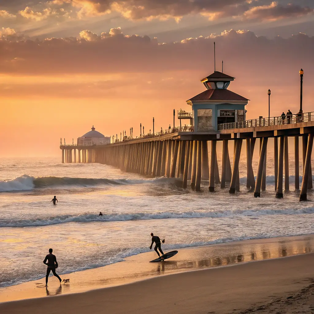 Panoramic sunset view of Huntington Beach with pier, silhouetted surfers, golden sand, and California coastline against a soft orange and pink sky