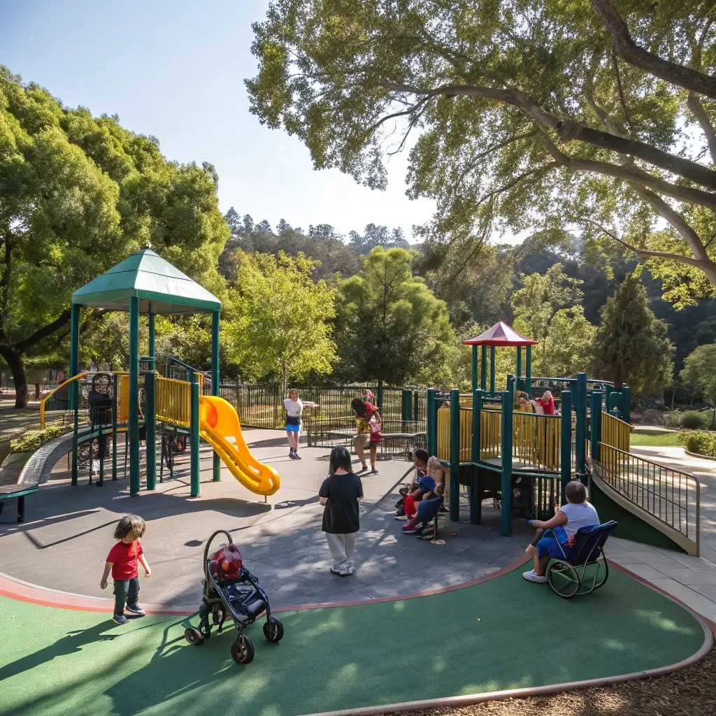 Children of diverse abilities enjoying adaptive play structures in a colorful, sunlit playground surrounded by lush trees in Griffith Park