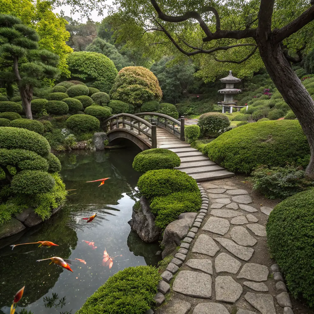 Traditional stone pathway through Earl Burns Miller Japanese Garden with manicured Japanese maples, a tranquil koi pond with fish and a wooden bridge under soft diffused light