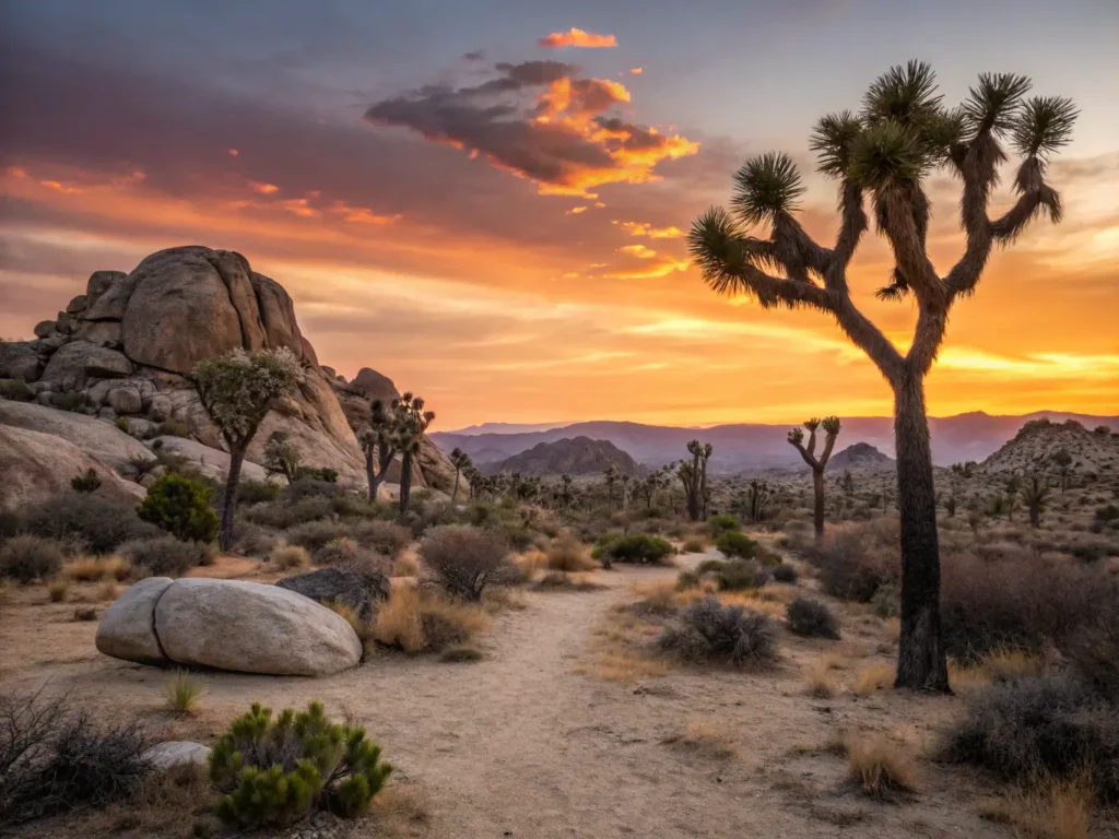 "Panoramic view of Joshua Tree National Park at sunset featuring silhouetted Joshua Trees, granite boulders, Skull Rock formation, Cholla Cactus Garden, art installations from Noah Purifoy Museum and a stargazing blanket, highlighting the transition from day to night with stars appearing in the sky."
