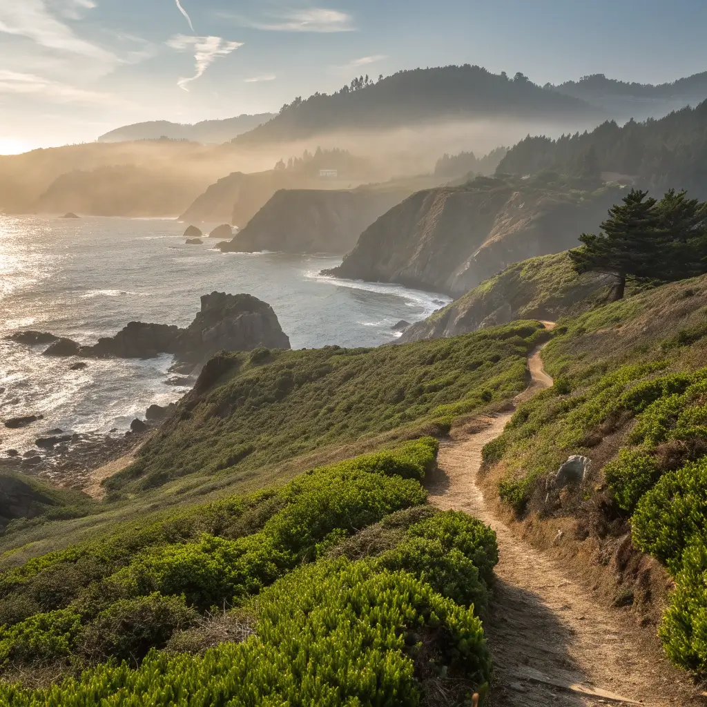 Sweeping vista of Jug Handle State Reserve with rugged coastal trail, Pacific Ocean, rocky shoreline, and dense green vegetation