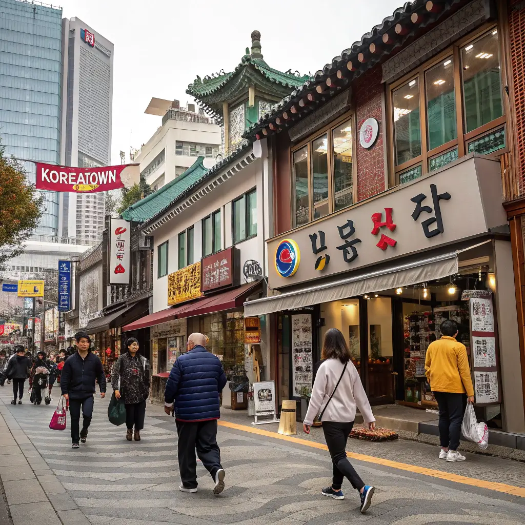Pedestrians of diverse backgrounds walking on a vibrant street in Koreatown with a mix of traditional and modern storefronts, authentic street signs, and a variety of architectural designs.