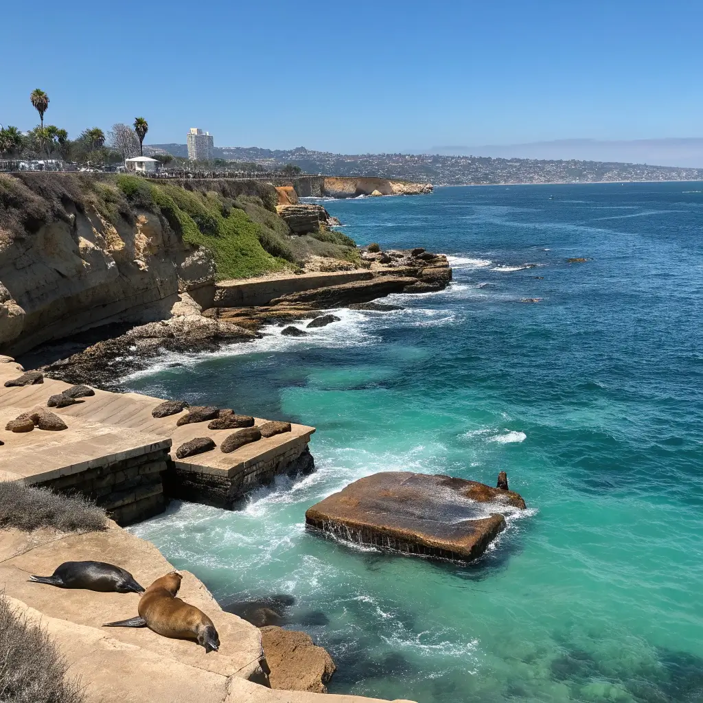 Sea lions resting on La Jolla Cove's rocky shoreline under a clear blue sky with the rugged California coastline stretching into distance
